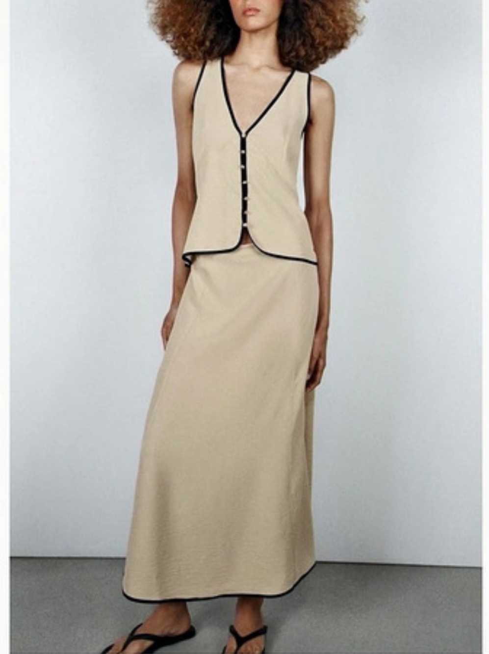 Never Worn Zara Contrast Piping Midi Dress in Beige & Black